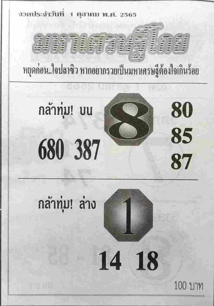 หวยเด็ด หวยมหาเศรษฐีโกย1-10-65