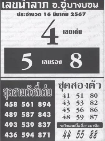 เลขเด็ดอู๋บางบอน 16-3-67