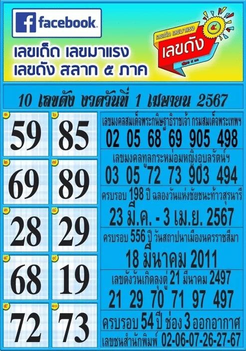 เลขดังสลาก5ภาค 1-4-67